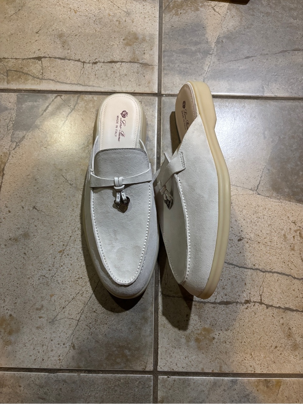 Loro Piana Off-White Suede Backless Loafers with Silver Charm